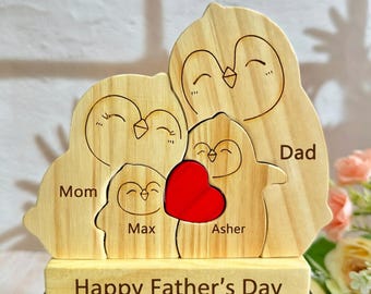 Rompecabezas de madera personalizado con diseño de familia de pingüinos, rompecabezas con nombre de pingüino grabado, recuerdo familiar, regalo para padres, pingüino de madera para el Día de la Madre.