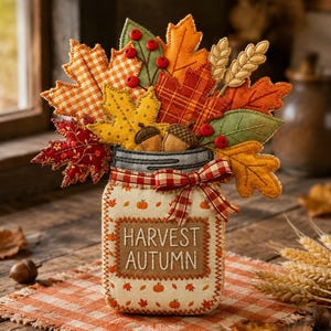 Könnte beinhalten: Eine Stoffdekoration in Form eines Einmachglases mit der Aufschrift HARVEST AUTUMN und einer rot-weiß karierten Schleife. Das Glas ist mit herbstlichen Filzblättern in Orange, Gelb, Rot und Grün sowie Weizenähren und Eicheln gefüllt.