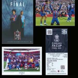 May include: A collection of images from the Emirates FA Cup Final. Features a poster with players, a ticket for the 2025 final, and team photos. The ticket details the match date, time, and venue, including the 'Yellow Zone'.