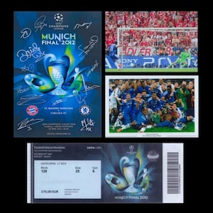 May include: A blue and green ticket for the UEFA Champions League Final in Munich, Germany on 19 May 2012. The ticket has the text "MUNICH FINAL 2012" and the UEFA Champions League logo. The ticket is for Block 128, Row 25, Seat 6. The ticket cost €370.00.
