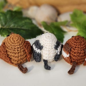 Puede incluir: Tres adornos de p&aacute;jaros hechos a mano con ganchillo en tonos marr&oacute;n, blanco y gris. Los p&aacute;jaros tienen peque&ntilde;os ojos negros y una cola. El fondo incluye hojas verdes y un fondo neutro borroso.
