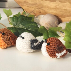 Puede incluir: Tres figuras de p&aacute;jaros de ganchillo en tonos marr&oacute;n, blanco y naranja. Los p&aacute;jaros est&aacute;n dispuestos en fila, con hojas verdes y peque&ntilde;as piedras en el fondo. Los p&aacute;jaros tienen ojos de cuentas negras y est&aacute;n hechos a mano.