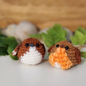 Puede incluir: Dos p&aacute;jaros de ganchillo hechos a mano. Uno tiene el pecho blanco y el otro naranja. Ambos p&aacute;jaros tienen alas y espalda marrones, con ojos negros. Los p&aacute;jaros est&aacute;n sobre una superficie blanca con hojas verdes en el fondo.