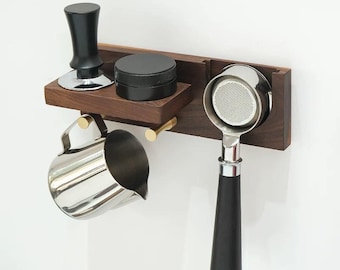 Organizador de pared para estación de café en nogal, organizador para barra de espresso, soporte para portafiltro, regalo para barista, accesorios de café en nogal oscuro
