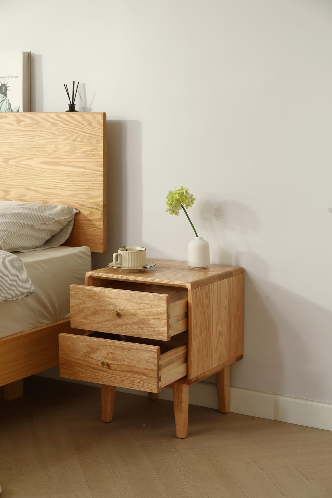 Solid Oak Wood Nightstand, Narrow Nightstand, Round Edges, Modern ...