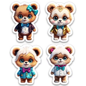 Cute Chibi Teddy Bear Stickers – Set of 4 Large Vinyl Die Cut Stickers