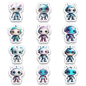 Cute Chibi Retro Robot Stickers – Set of 12 Vinyl Die Cut Stickers