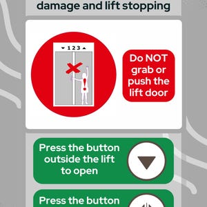 May include: A red circle with a white outline shows a red X over a closed elevator door with the numbers 1, 2, and 3 visible. A stick figure is reaching for the door. Text reads: "Do NOT obstruct lift door. Obstructing can lead to damage and lift stopping." A white rectangle with a red outline reads: "Do NOT grab or push the lift door". Two green rectangles with white outlines show a down arrow and a double up arrow. Text reads: "Press the button outside the lift to open" and "Press the button inside the lift to open".