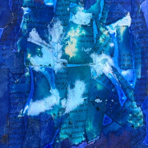 Dipinto originale arte astratta arte espressiva collage di tecniche miste piccolo dipinto su carta opera d'arte fatta a mano Energy Art Azzorre colomba della pace blu