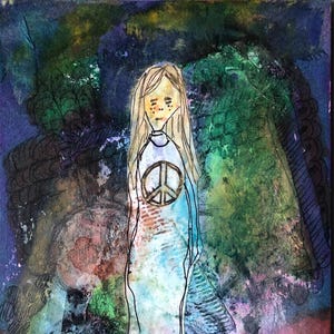 Pintura de arte original, arte expresivo abstracto, collage de técnica mixta, pintura pequeña sobre papel grueso, cartón, obra de arte hecha a mano, paz, niña, espacio