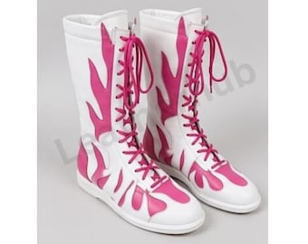 Bottes de catch professionnel, chaussures de catch roses et blanches à flammes, chaussures de ring professionnelles en cuir lacées faites à la main, chaussures de ring personnalisées