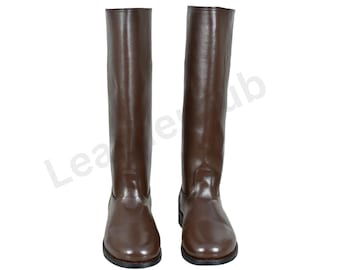 German Officer Leather Long Boot Round Toe, German Army Boots, Brown Leather Boots Men, Military Boots, Brown Leather Long Military Boot