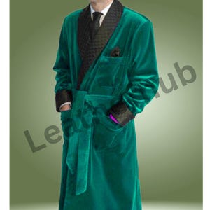 May include: A teal velvet robe with a black satin collar and a black satin tie. The robe has a self-tie belt and two pockets.
