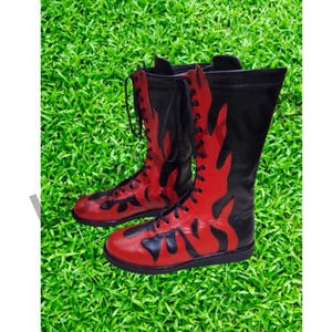 Men Wrestling Long Boots, Handmade Leather Shoes, Leather Wrestling Shoes, Original Leather Red Fire Style, Lace-up style Pro Wrestling Boot