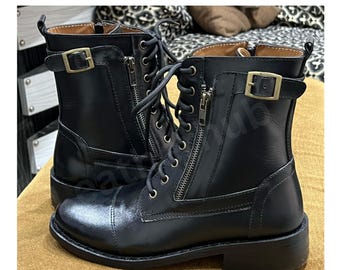 Botas de combate de cuero negro: botines con cordones hechos a mano