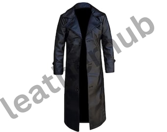 Men's Black Lambskin Leather Trench Coat: Long Sheepskin Coat