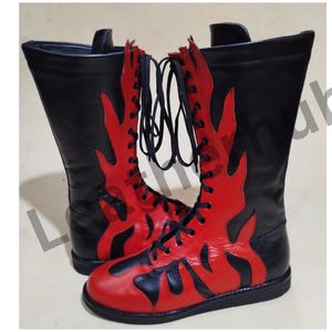 Handmade 100% Original Leather Red Fire Style Lace-up Boots, Customizable Colors, Goatskin Leather Long Shoes, Pro Wrestling Long Boots