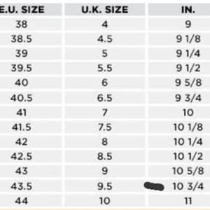 May include: Shoe size conversion chart displaying U.S., European, and U.K. sizes, along with measurements in inches and centimeters. Sizes range from U.S. size 5 (22.9 cm) to 11 (27.9 cm).