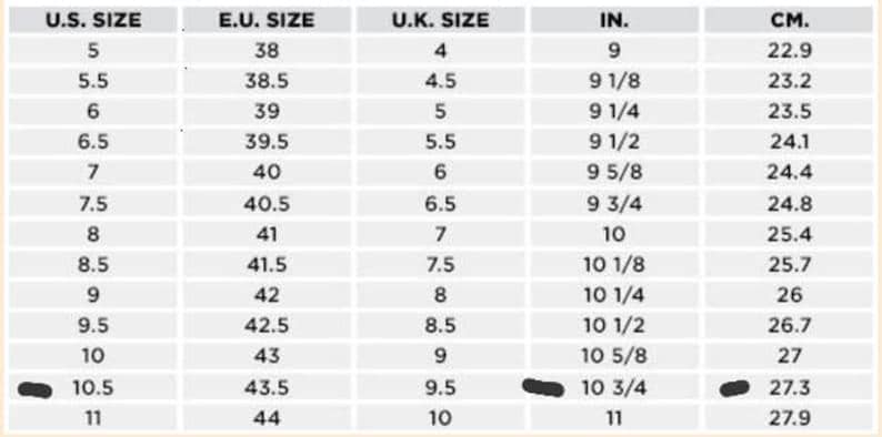 May include: Shoe size conversion chart displaying U.S., European, and U.K. sizes, along with measurements in inches and centimeters. Sizes range from U.S. size 5 (22.9 cm) to 11 (27.9 cm).