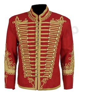 Napoleonic Hussar Jacket - Red Military Uniform Tunic Pelisse Hendrix Jacket - Pelisse Jimi Jacket For Men, Gold Braided Pelisse Jacket