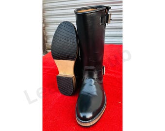 Handmade Black Leather Engineer Boots: Buckle Motorcycle Rider Boots
