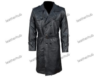 Handgefertigter schwarzer Schaffell-Trenchcoat: Zweireihiger Mantel mit Gürtel