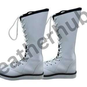 Pro Wrestling White Boots, Handmade Wrestling Long Boots, Men Women Wrestling Boots, Goatskin Leather Wrestling Boots, 100% Original Leather