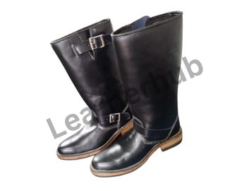 Handmade Black Leather Engineer Boots: Buckle Motorcycle Rider Boots