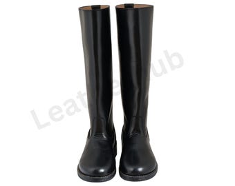 German Officer Leather Long Boot Round Toe, German Army Boots, Black Leather Boots Men, Military Boots, Black Leather Long Military Boot