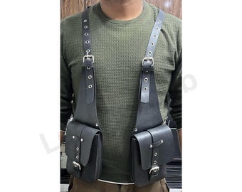 本革　レザー製ポーチ付きハーネス　ショルダーホルスター フランス軍放出品 ショルダーホルスター ポーチ付き 左右兼用 [ 並品