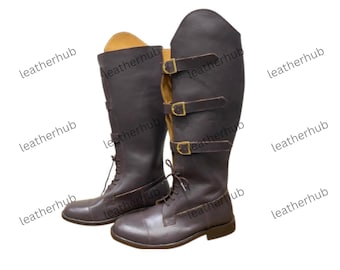 Handmade Brown Leather Riding Boots: Men's Tall Buckle Boots