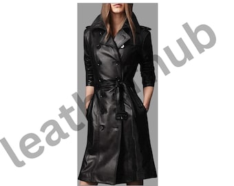 Handmade Black Sheep Leather Trench Coat: Women's Belted Overcoat