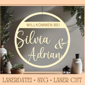 Laserdatei Schild Türschild Türkranz Herbst Lasercut SVG Dateien Holz Laserschneiden Herzlich Willkommen Personalisiert Vorlage Name Schild
