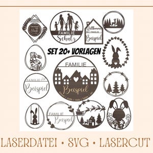 Puede incluir: Una colección de diseños de madera cortados con láser, que incluyen siluetas familiares, conejitos de Pascua y marcos decorativos. Los diseños presentan las palabras "Familie" y "Beispiel". La imagen también incluye el texto "SET 20+ VORLAGEN" y "LASERDATEI • SVG • LASERCUT".