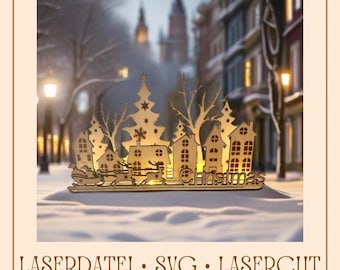 Laser file Christmas landscape Christmas tree & houses • SVG PDF Lightburn • Laser Cut File Wood Acrylic MDF • 3D display box Christmas decoration