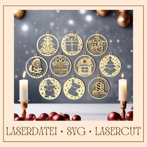 May include: Twelve gold-colored wooden Christmas ornaments with various designs, including a Christmas tree, a gift box, a star, a snowman, a stocking, a candle, a house, and a Santa Claus. The ornaments are hanging from a string and are arranged in a circle.