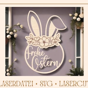 Könnte beinhalten: Ein Holzschnitt eines Hasen mit einem Blumenkranz um den Kopf. Der Hase hält ein Schild mit der Aufschrift "Frohe Ostern".