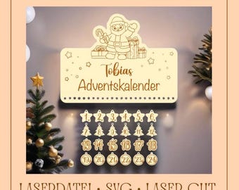 May include: A wooden Christmas advent calendar with a Santa Claus design. The calendar has 24 numbered doors, each with a small Christmas tree design. The calendar is personalized with the name "Tobias".