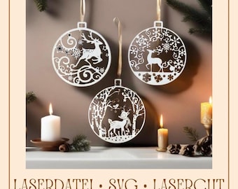 May include: Three white wooden Christmas ornaments with a deer and snowflake design. The ornaments are hanging from a string and are displayed on a mantel with candles.