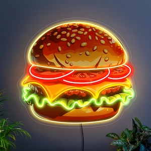 バーガーネオンサイン、ハンバーガーネオンサイン、ファーストフードネオンサイン、ネオンサインキッチン、レストランネオンサイン、バーガーアート装飾、ファーストフードアート装飾