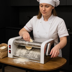 May include: A white pasta maker with a red button and a silver roller. A person is using the machine to roll out dough.