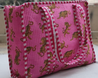 Handmade Pink Tiger Print Quilted Cotton Tote Bag: Travel Beach Shopper