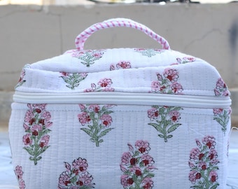 Personalisierter Kosmetikkoffer, Make-up-Tasche mit Blockdruck, Geschenk für Brautjungfern, Weihnachtsgeschenk, gesteppter Baumwoll-Kosmetikkoffer, Boho-Kosmetiktasche.