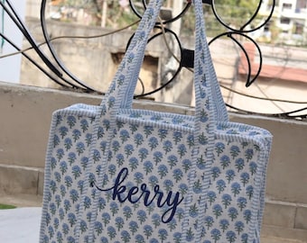 Personalized Sorority Tote Bag, Embroidered Beach Tote Bag,Quilted Block Print College Tote, Big Little Bid Day Gift for Her,Bridesmaid Gift