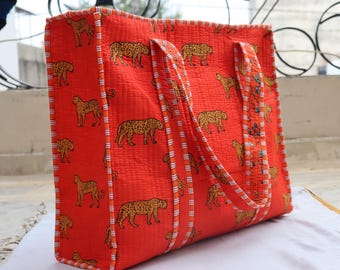 Handmade Quilted Cotton Tote Bag: Orange Leopard Print Shopper, Honeymoon beach tote