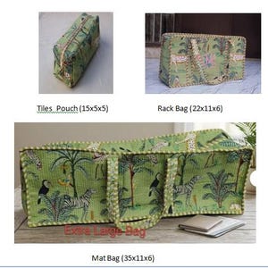 Puede incluir: Una colecci&oacute;n de bolsas acolchadas verdes con estampado de selva, cebras, tucanes y palmeras. El conjunto incluye una bolsa Tiles (15x5x5 cm), una bolsa Rack (22x11x6 cm) y una bolsa Mat extra grande de 35x11x6 cm.