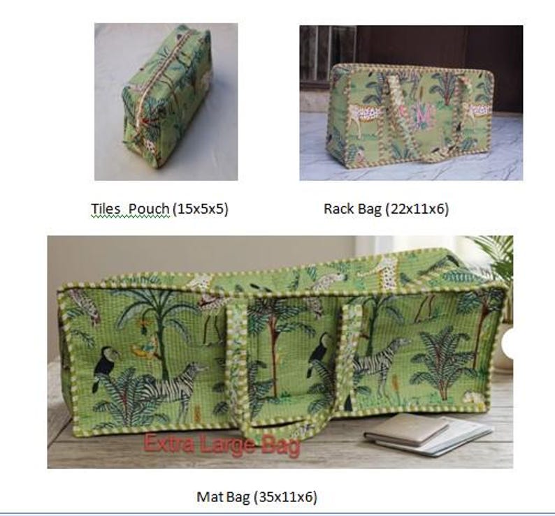 Puede incluir: Una colecci&oacute;n de bolsas acolchadas verdes con estampado de selva, cebras, tucanes y palmeras. El conjunto incluye una bolsa Tiles (15x5x5 cm), una bolsa Rack (22x11x6 cm) y una bolsa Mat extra grande de 35x11x6 cm.
