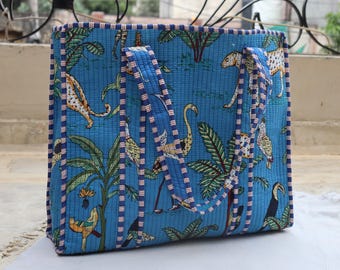 Handmade Quilted Blue Cotton Tote Bag: Jungle Print Travel Shopper, Mothers day gift.