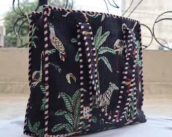 Handmade Jungle Print Quilted Cotton Tote Bag: Travel Beach Shopper