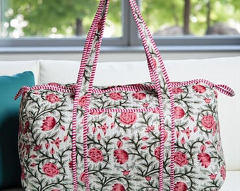 Handmade Quilted Cotton Duffle Bag: Rose print Travel Weekender,Bridesmaidgift